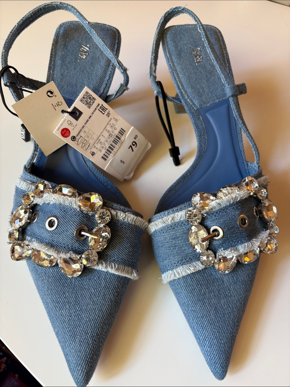 Zara Light Blue Denim Pointed Slingback Mules with Crystal Buckle